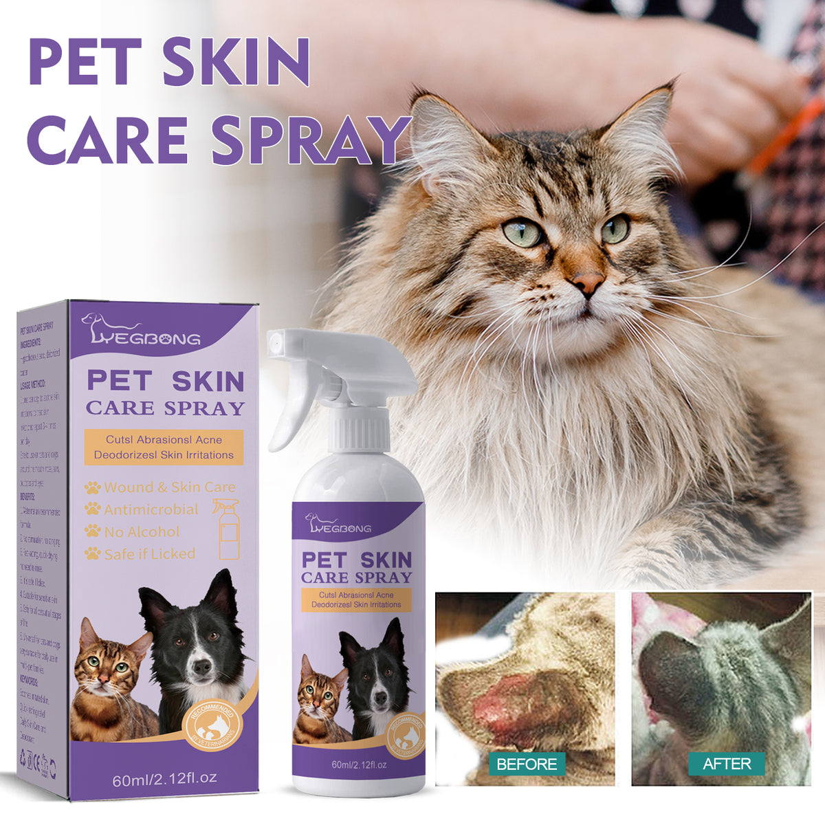 Yegbong Pet Skin Relief Spray, Relieves Dog And Cat Skin Itchiness Eliminates Mites Cleaning Care Spray