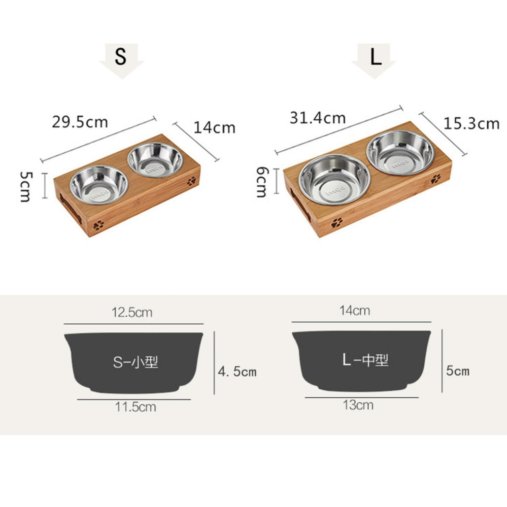 Stainless Steel & Ceramic Pet Bowl Set with Bamboo Frame