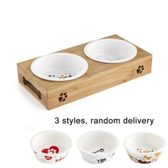 Stainless Steel & Ceramic Pet Bowl Set with Bamboo Frame