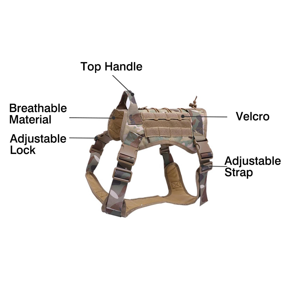 Military Tactical Dog Harness with Handle & Bungee Leash