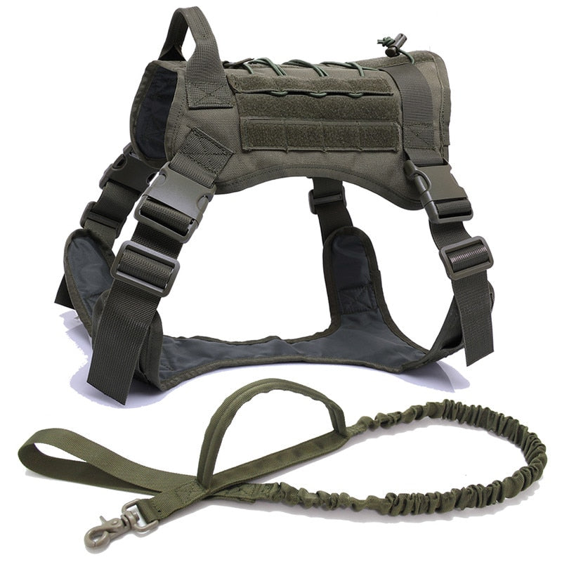 Military Tactical Dog Harness with Handle & Bungee Leash