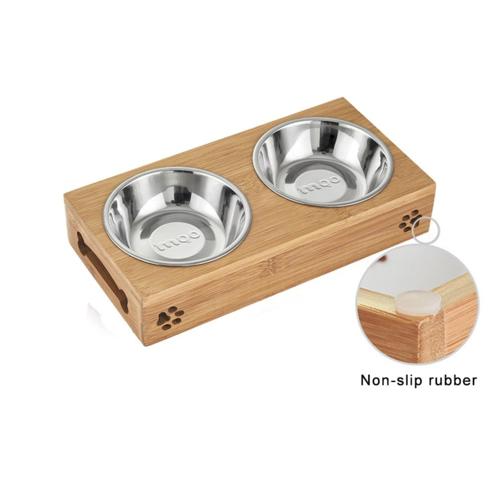 Stainless Steel & Ceramic Pet Bowl Set with Bamboo Frame