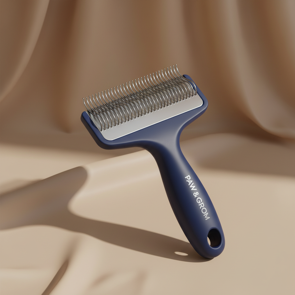 AI Generated Image - Premium Deshedding Brush packaging in navy and tan. Product delivered with supplier tags.