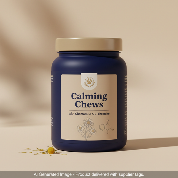 AI Generated Image - Premium Calming Chews packaging in navy and tan. Product delivered with supplier tags.