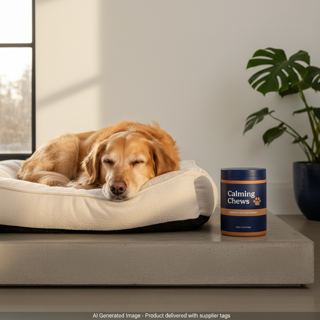 AI Generated Image - Calming Chews with a relaxed dog. Product delivered with supplier tags.