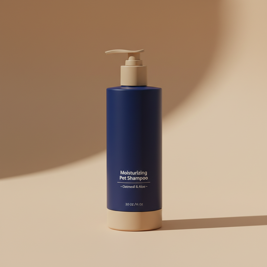 AI Generated Image - Premium Moisturizing Pet Shampoo bottle in navy and tan. Product delivered with supplier tags.