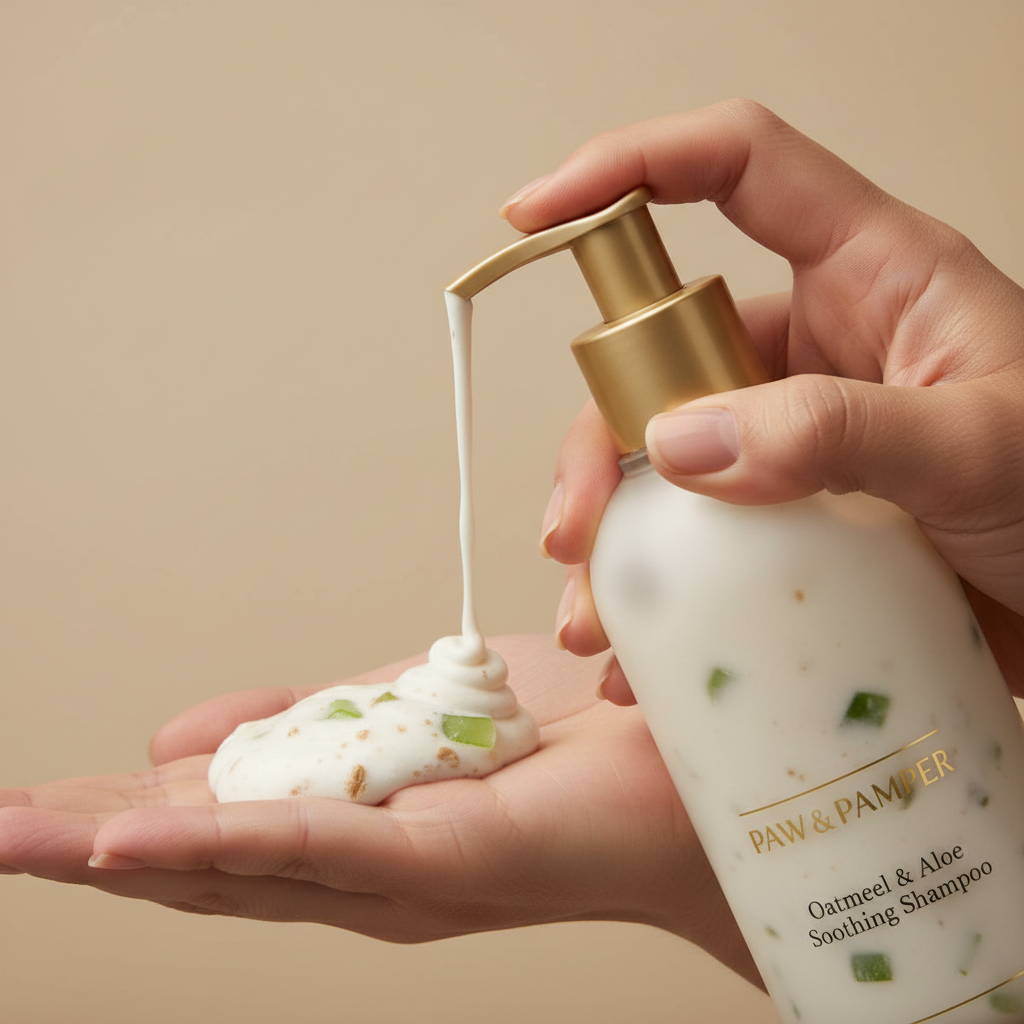 AI Generated Image - Close-up of moisturizing shampoo texture with oatmeal and aloe. Product delivered with supplier tags.