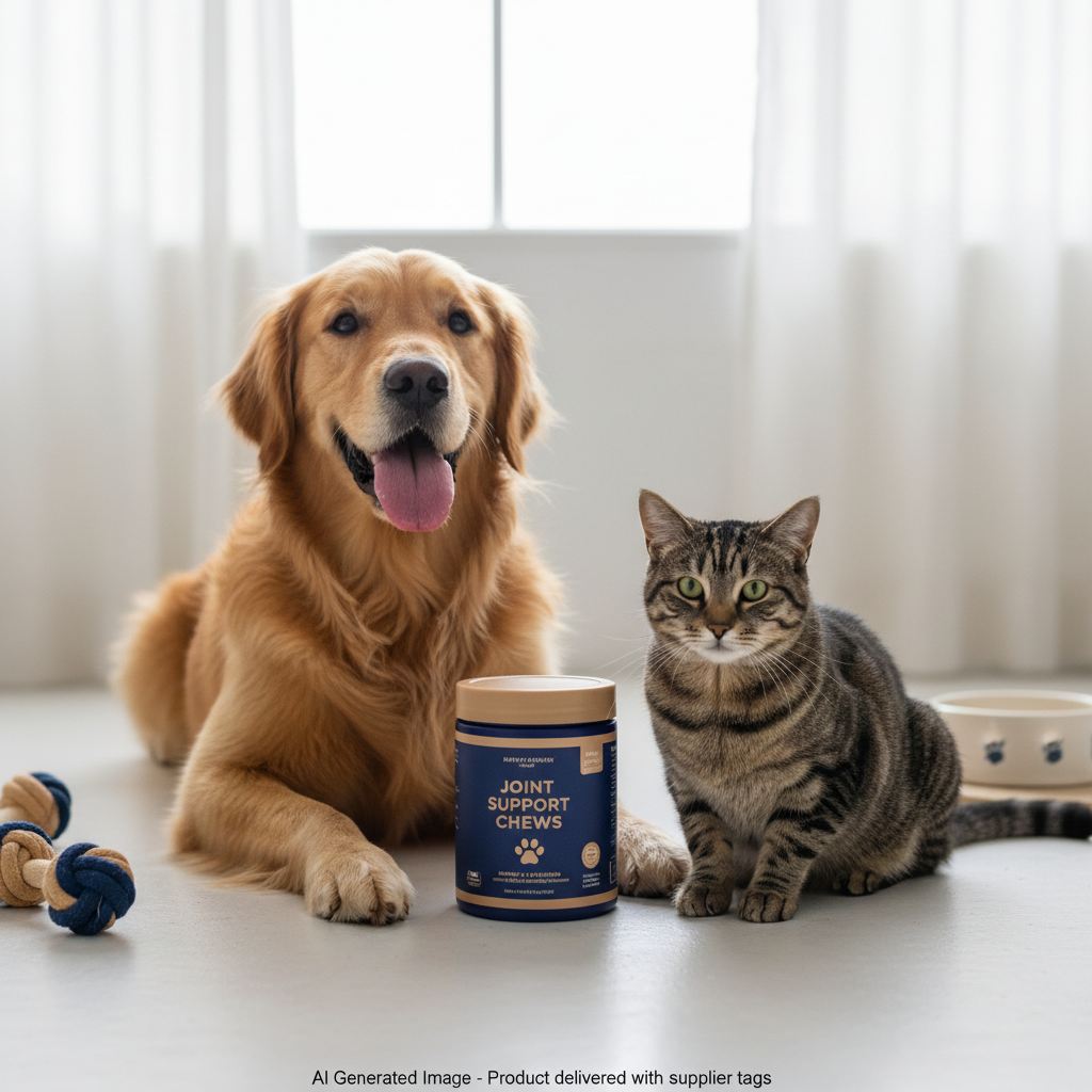 AI Generated Image - Joint Support Chews with happy dog and cat. Product delivered with supplier tags.