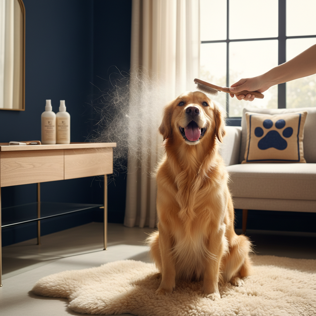 AI Generated Image - Golden retriever being brushed with deshedding brush. Product delivered with supplier tags.