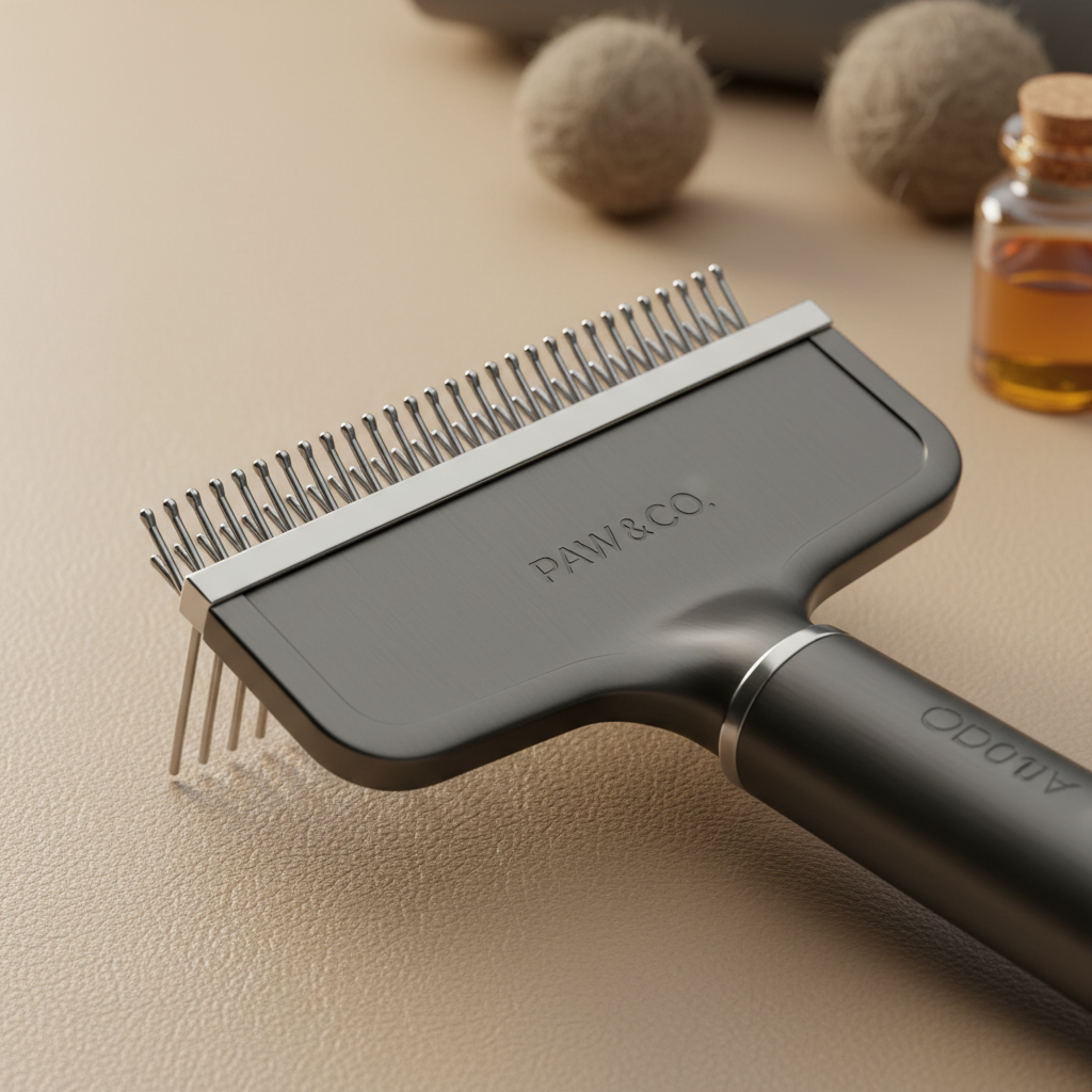 AI Generated Image - Close-up of deshedding brush stainless steel teeth. Product delivered with supplier tags.