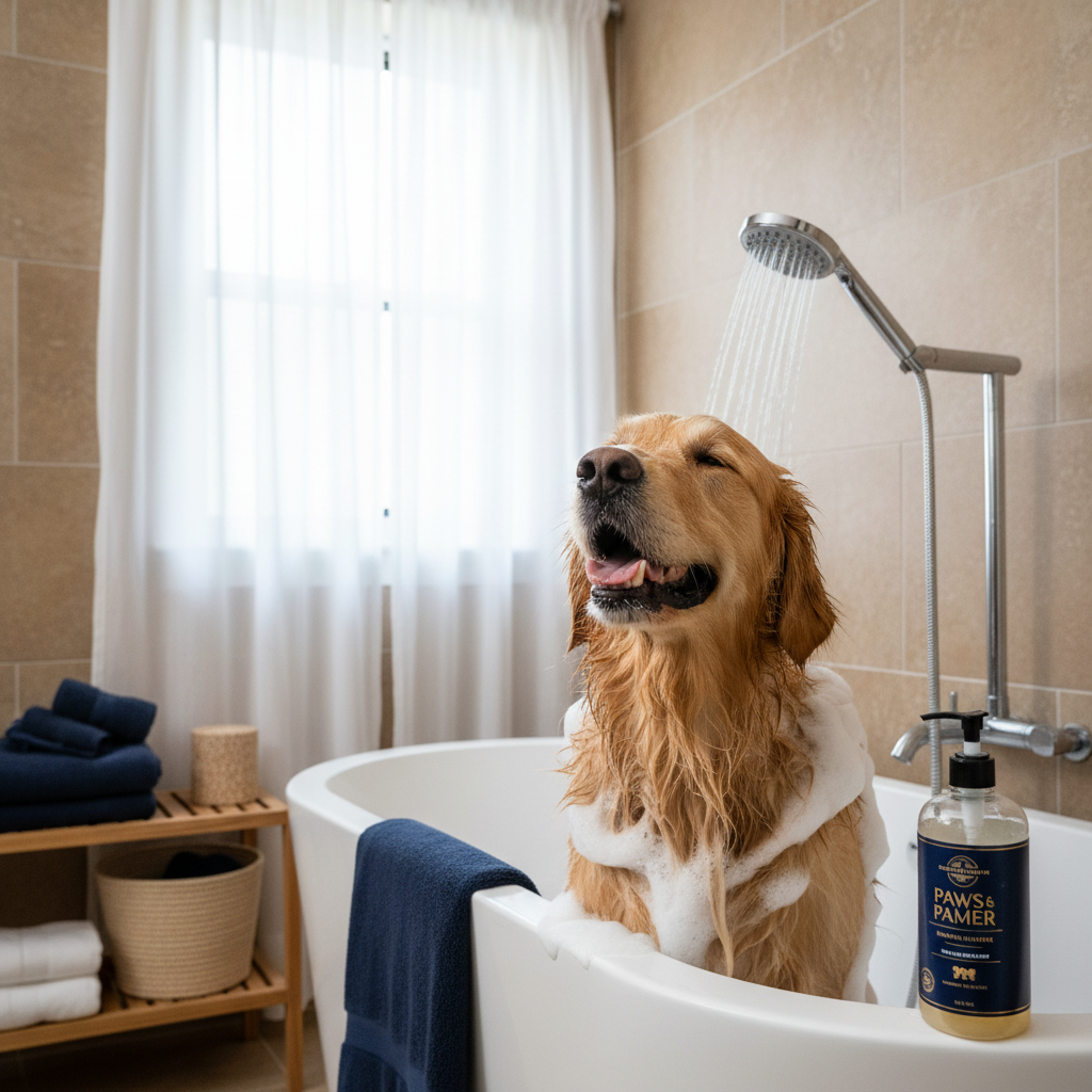 AI Generated Image - Dog enjoying a bath with moisturizing shampoo. Product delivered with supplier tags.