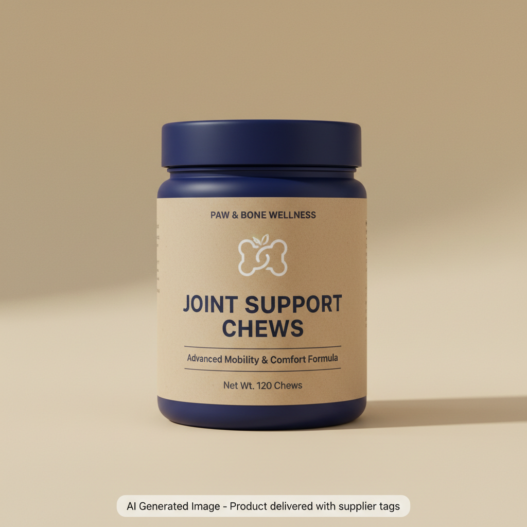 AI Generated Image - Premium Joint Support Chews packaging in navy and tan. Product delivered with supplier tags.