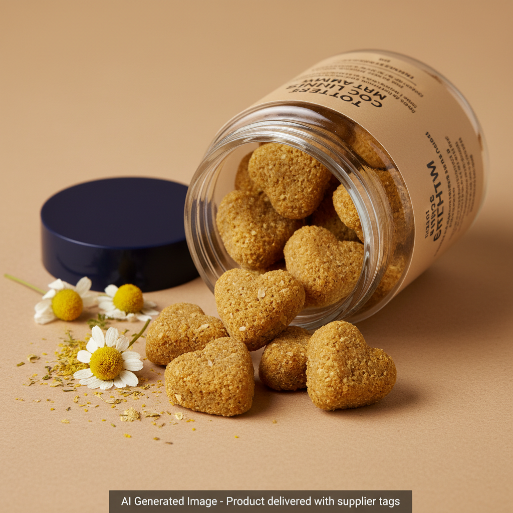 AI Generated Image - Close-up of Calming Chews with chamomile. Product delivered with supplier tags.